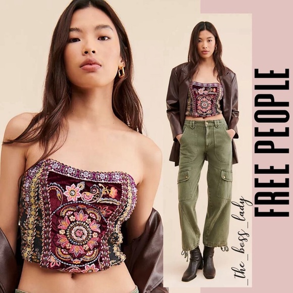 Free People Floral Embroidered Velvet Beaded Strapless Top - Picture 4 of 8